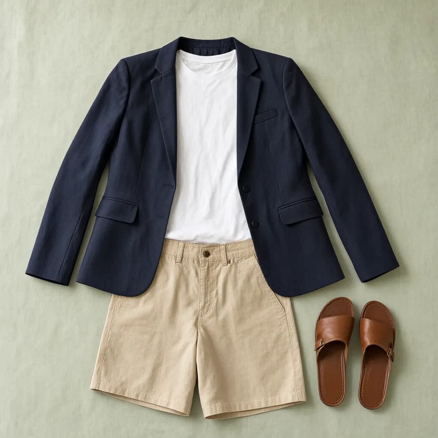 A flat lay of white T-shirt, navy blazer, beige shorts and brown sandals