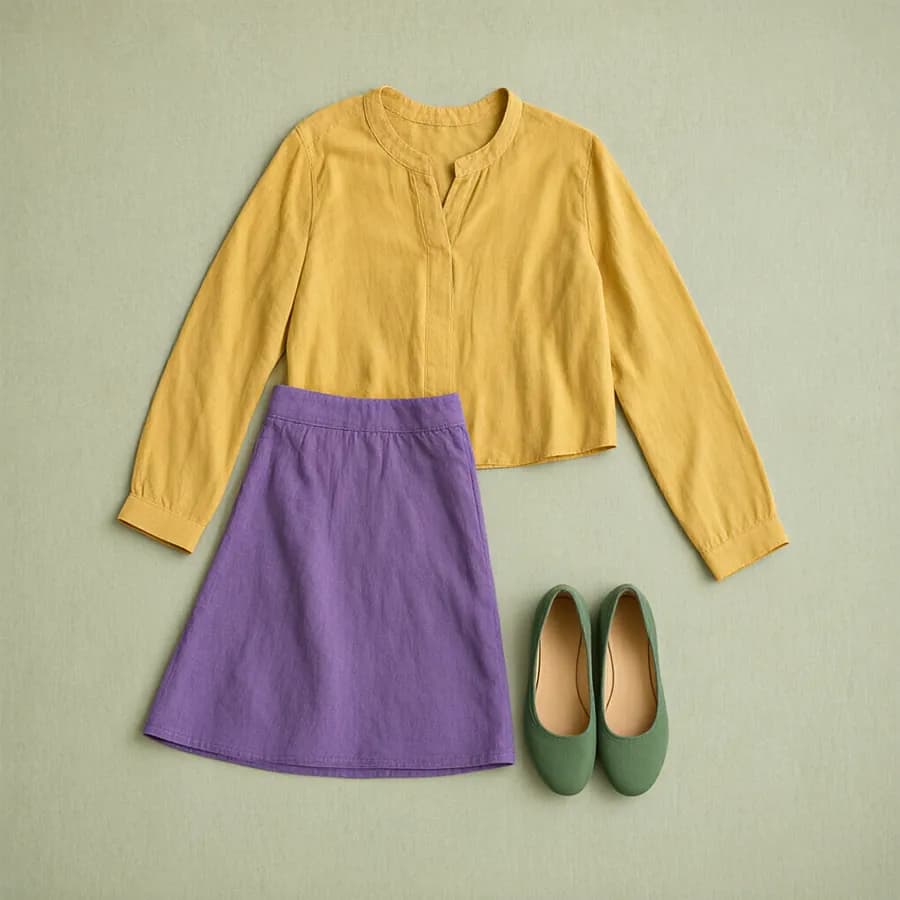 A flat lay of mustard blouse, purple skirt and green flats