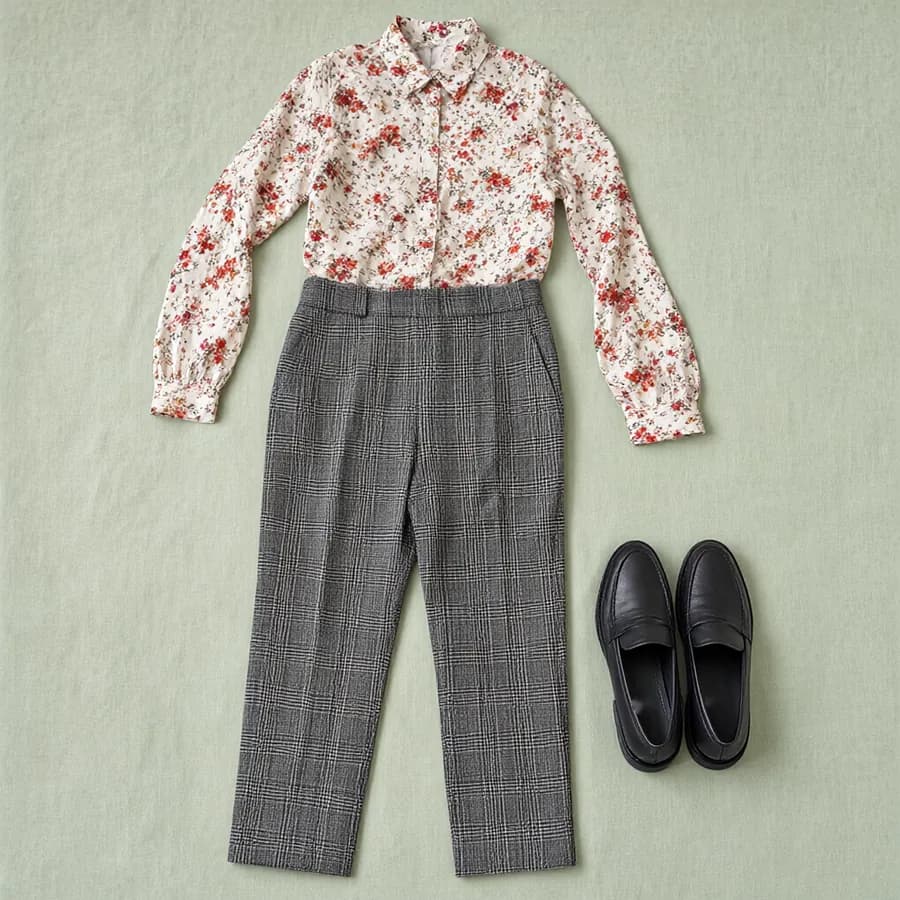 A flat lay of white and red floral blouse, grey and black checked trousers and black loafers
