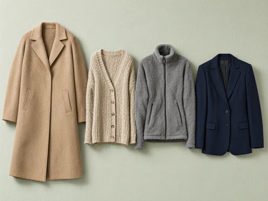 Side by side: wool coat, knit cardigan, fleece jacket and blazer