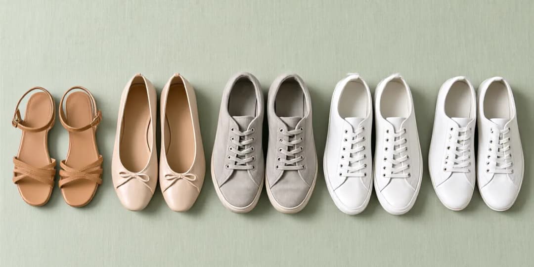 Side by side: sandals, flats, suede sneakers, canvas sneakers and light leather sneakers