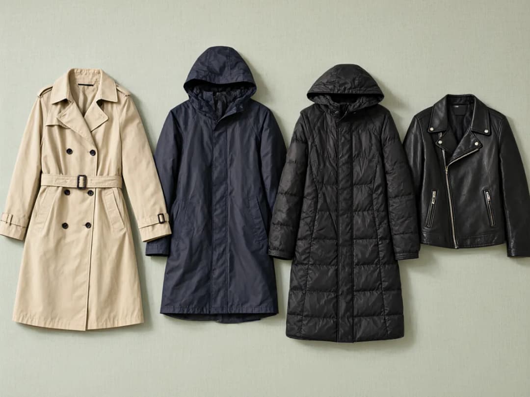 Side by side: trench coat, synthetic jacket, synthetic coat and leather jacket