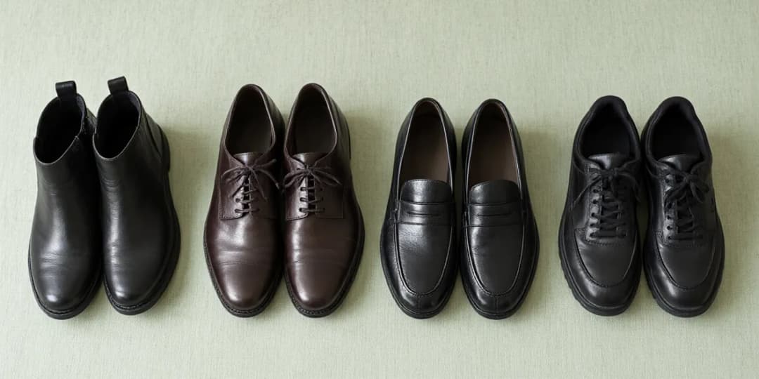 Side by side: leather boots, dark leather dress shoes, dark leather loafers and dark leather sneakers