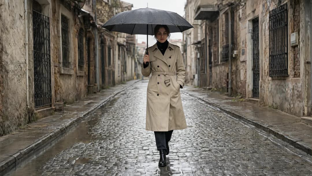 A woman with a black umbrella walking down a wet cobbled street in the rain, in a belted beige trench coat, a black turtleneck, dark jeans and black leather boots.