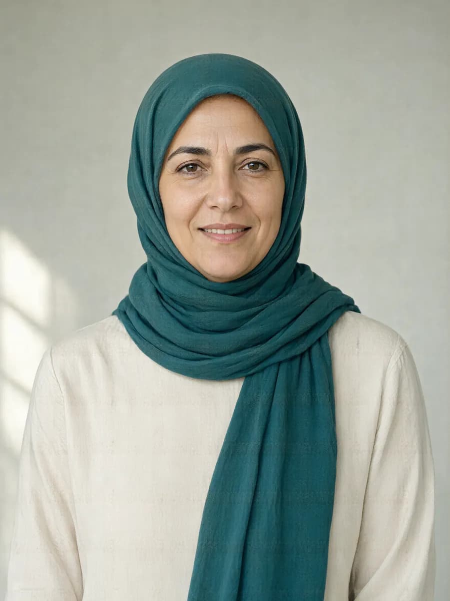 A woman with olive skin and a neutral undertone in a teal hijab