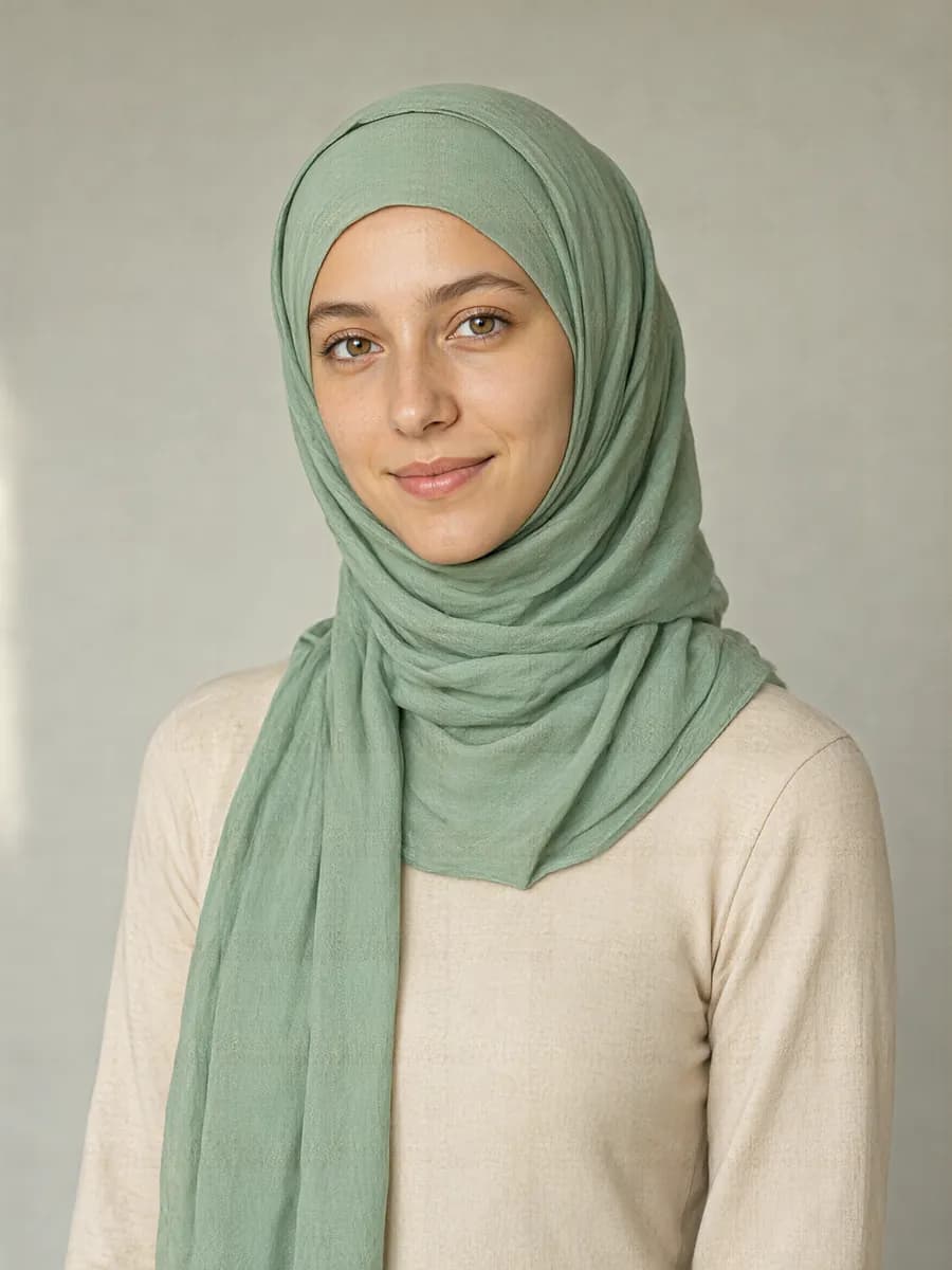 A woman with fair skin and a warm undertone in a mint hijab