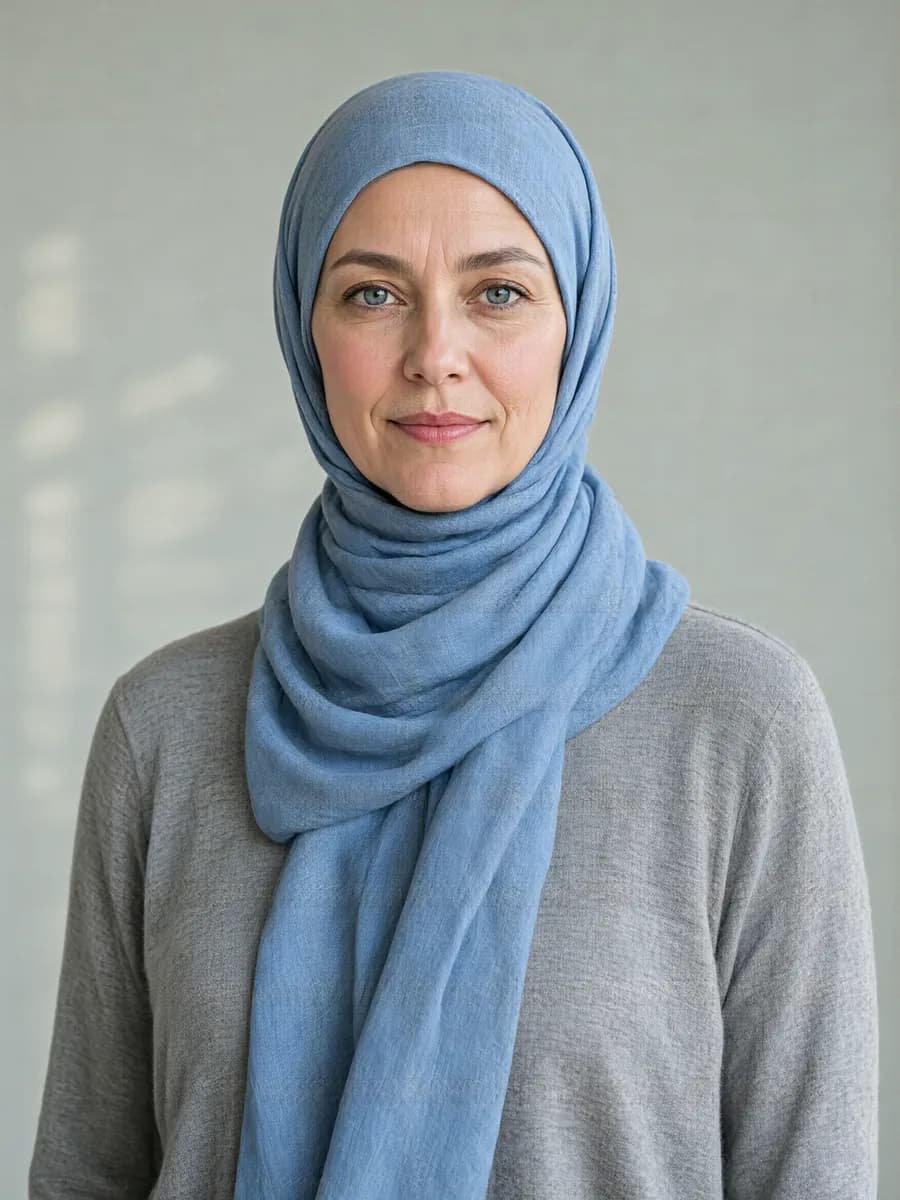 A woman with fair skin and a cool undertone in a light blue hijab