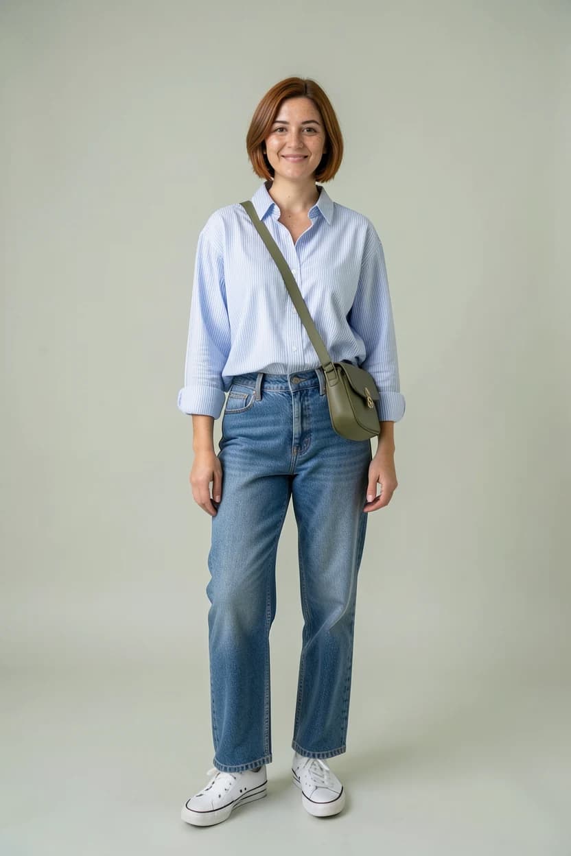 A woman with a short bob and freckles, wearing blue striped shirt, straight-leg jeans, white canvas sneakers and olive crossbody bag
