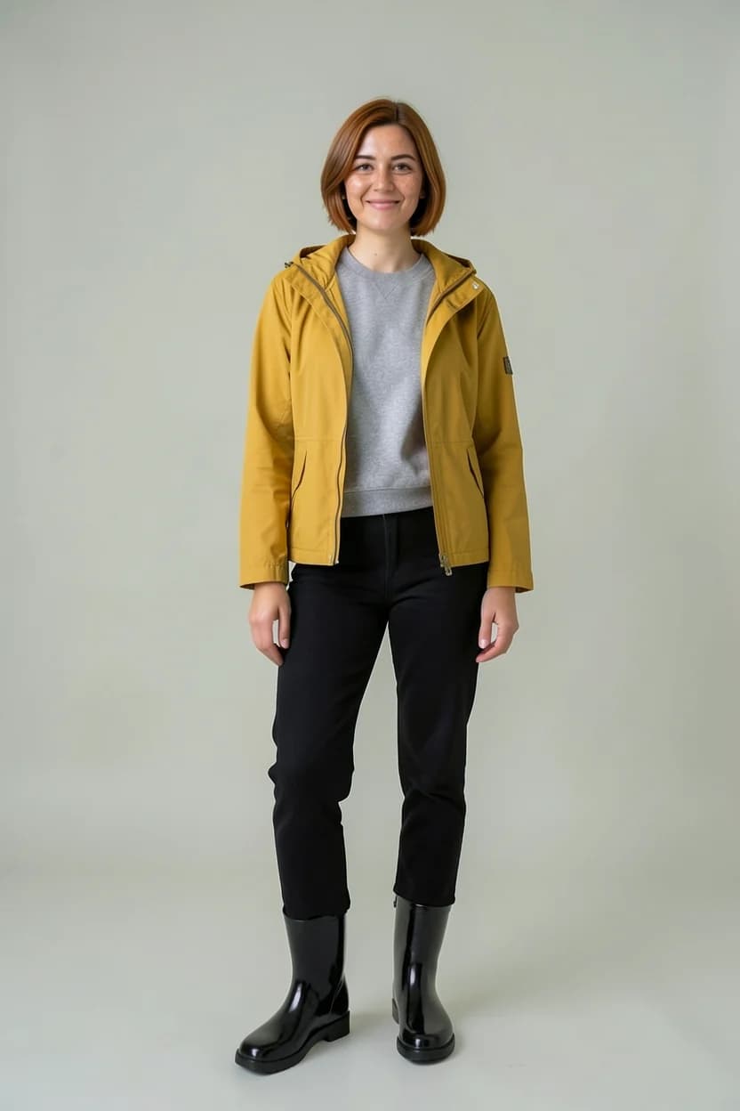 A woman with a short bob and freckles, wearing mustard raincoat, grey sweatshirt, black jeans and black rain boots