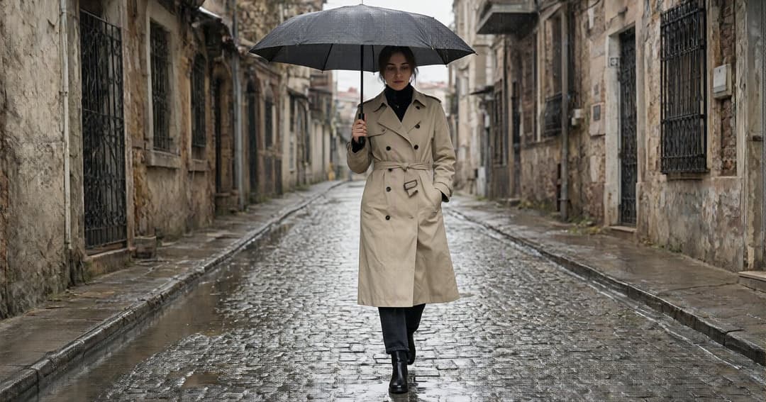 A woman with a black umbrella walking down a wet cobbled street in the rain, in a belted beige trench coat, a black turtleneck, dark jeans and black leather boots.