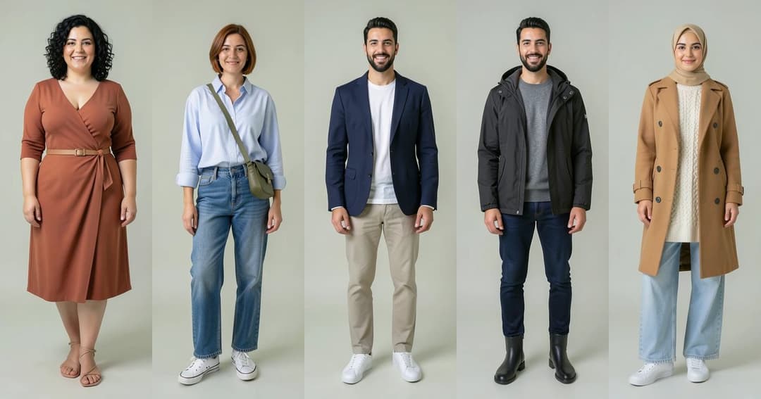 Five outfits from hot to cold: a wrap dress and sandals, a shirt and jeans, a blazer and chinos, a rain jacket and boots, a wool coat and a knit tunic.