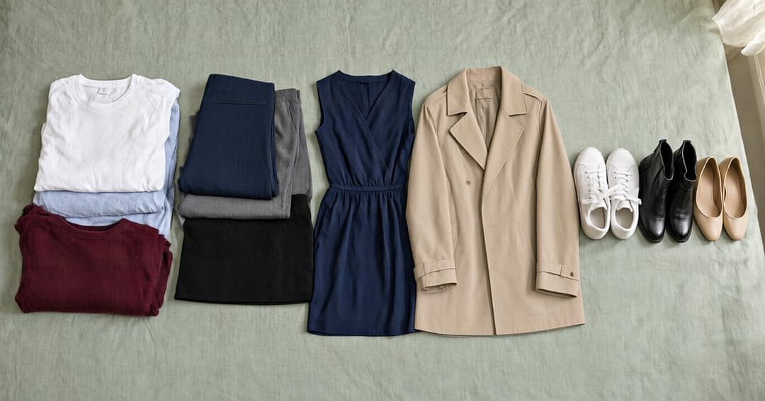 Clothes on a bed sorted into five groups: a folded white T-shirt, light blue shirt and burgundy sweater; navy trousers, grey trousers and a black skirt; a navy dress; a beige trench coat; white sneakers, black leather boots and beige flats.