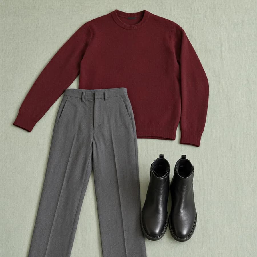 A flat lay of burgundy sweater, grey trousers and black boots