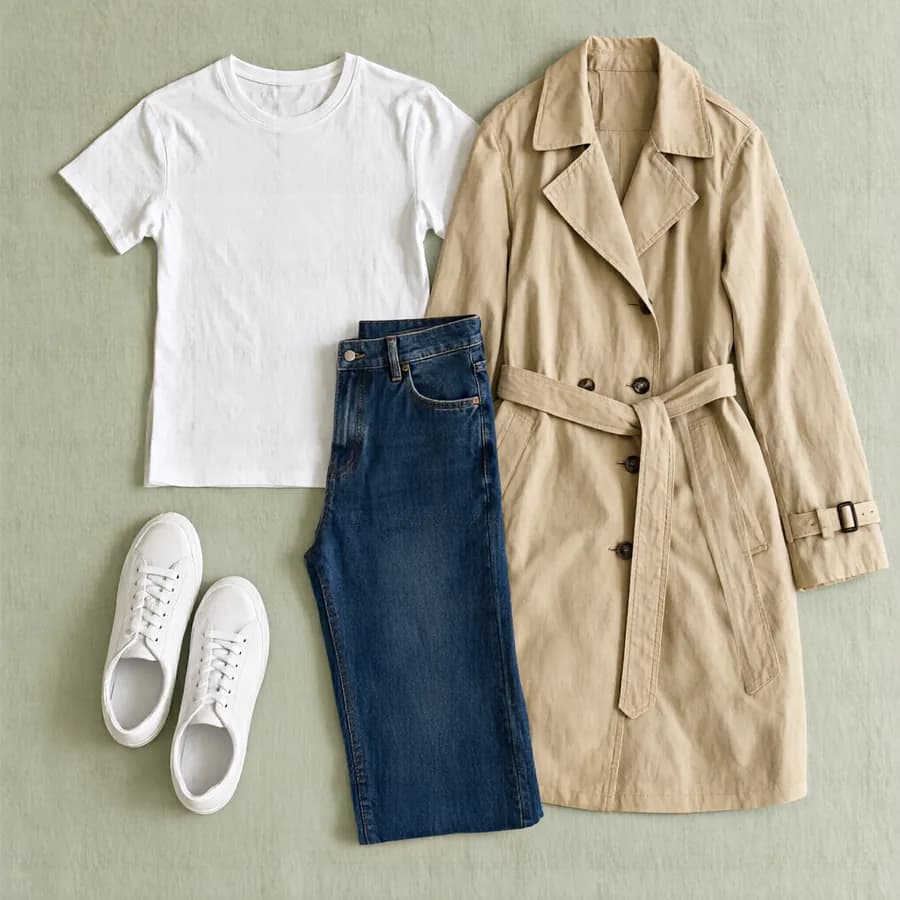 A flat lay of white T-shirt, navy jeans, beige trench coat and white sneakers