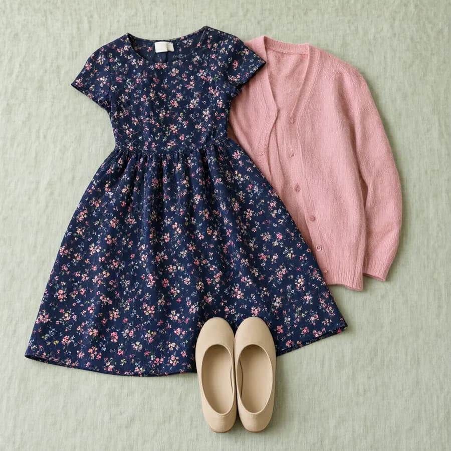 A flat lay of navy and pink floral dress, pink cardigan and beige flats