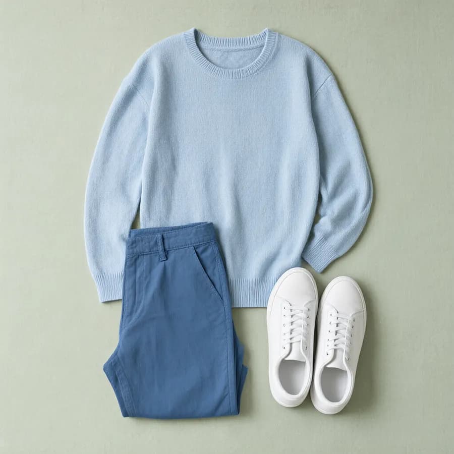 A flat lay of light blue sweater, blue trousers and white sneakers