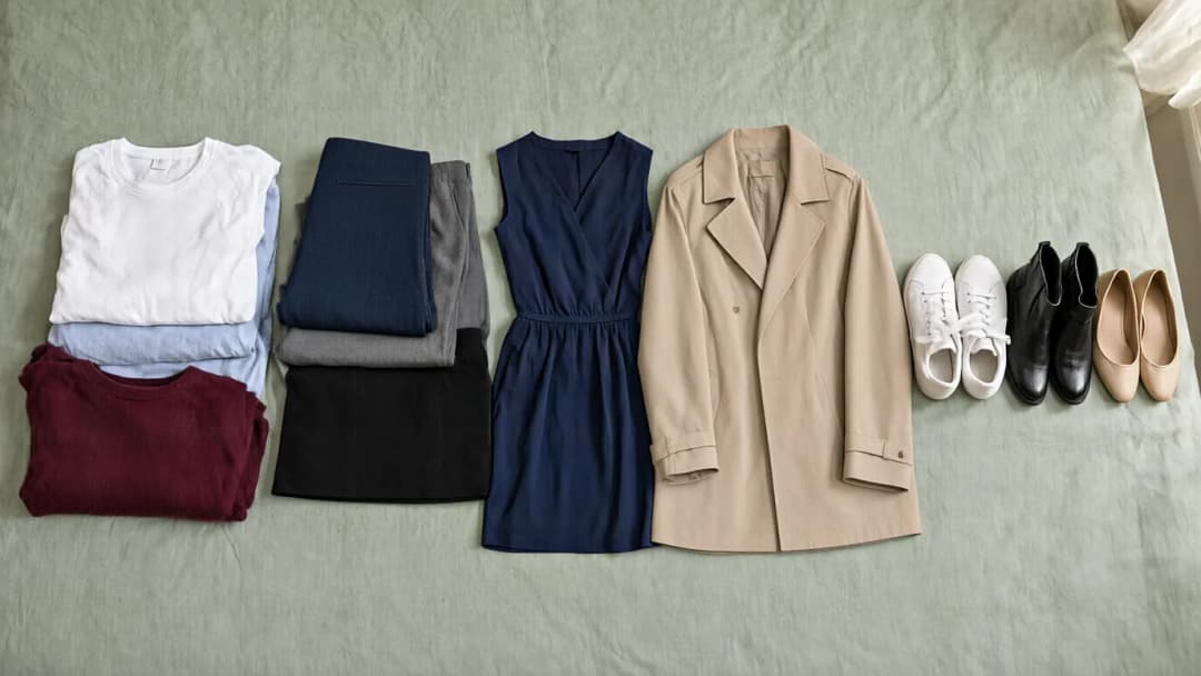 Clothes on a bed sorted into five groups: a folded white T-shirt, light blue shirt and burgundy sweater; navy trousers, grey trousers and a black skirt; a navy dress; a beige trench coat; white sneakers, black leather boots and beige flats.