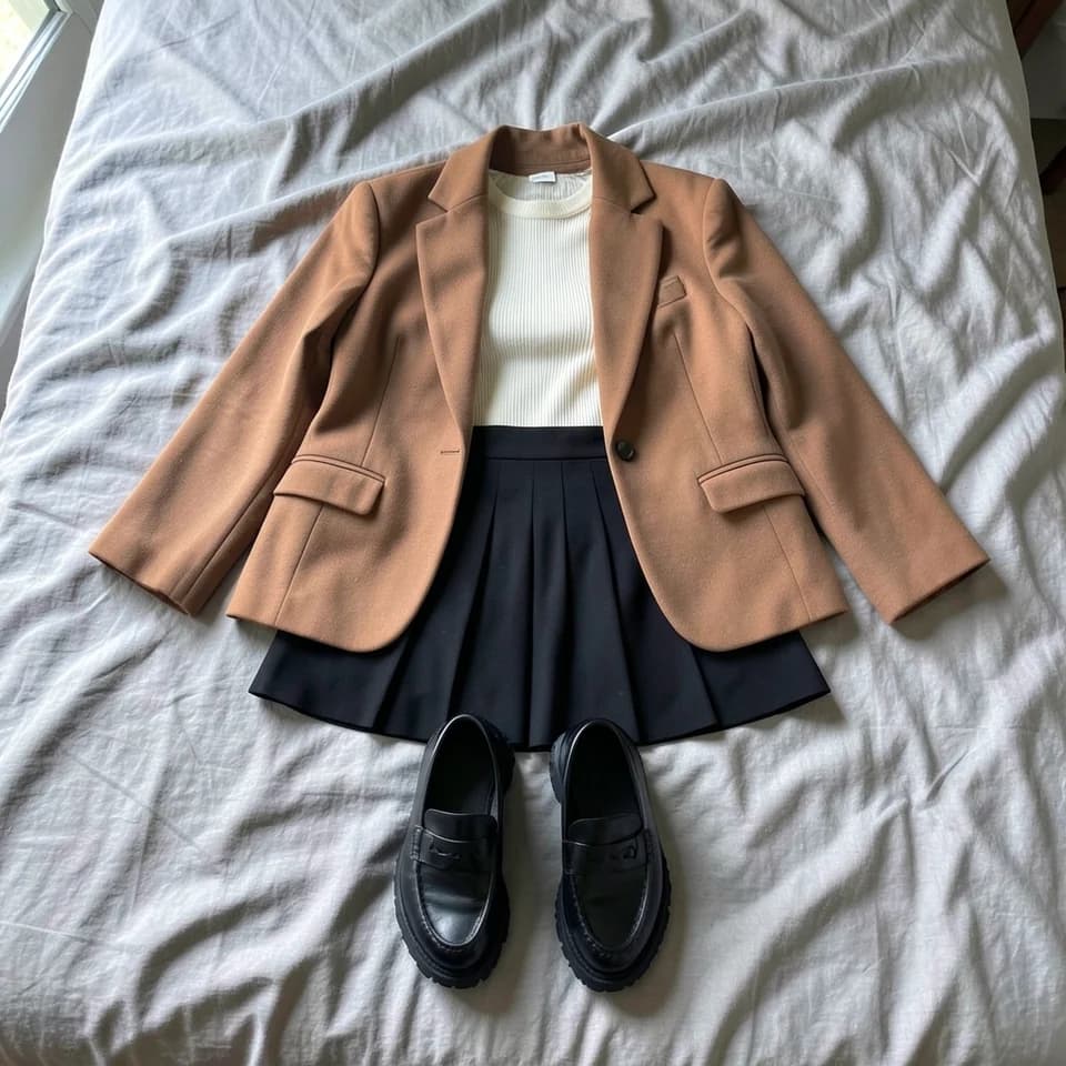 Yatağa serilmiş kıyafetler: Camel blazer, Krem fitilli triko, Siyah pliseli mini etek, Kalın taban loafer